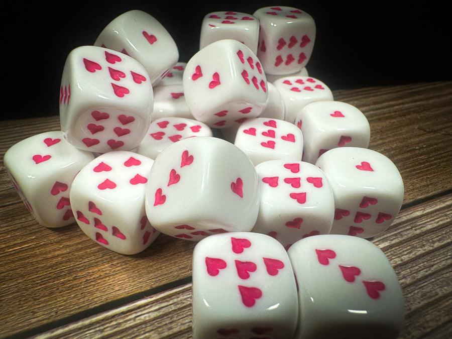 Opaque White/Pink 16mm D6 Dice with Heart Pips (sold per piece)