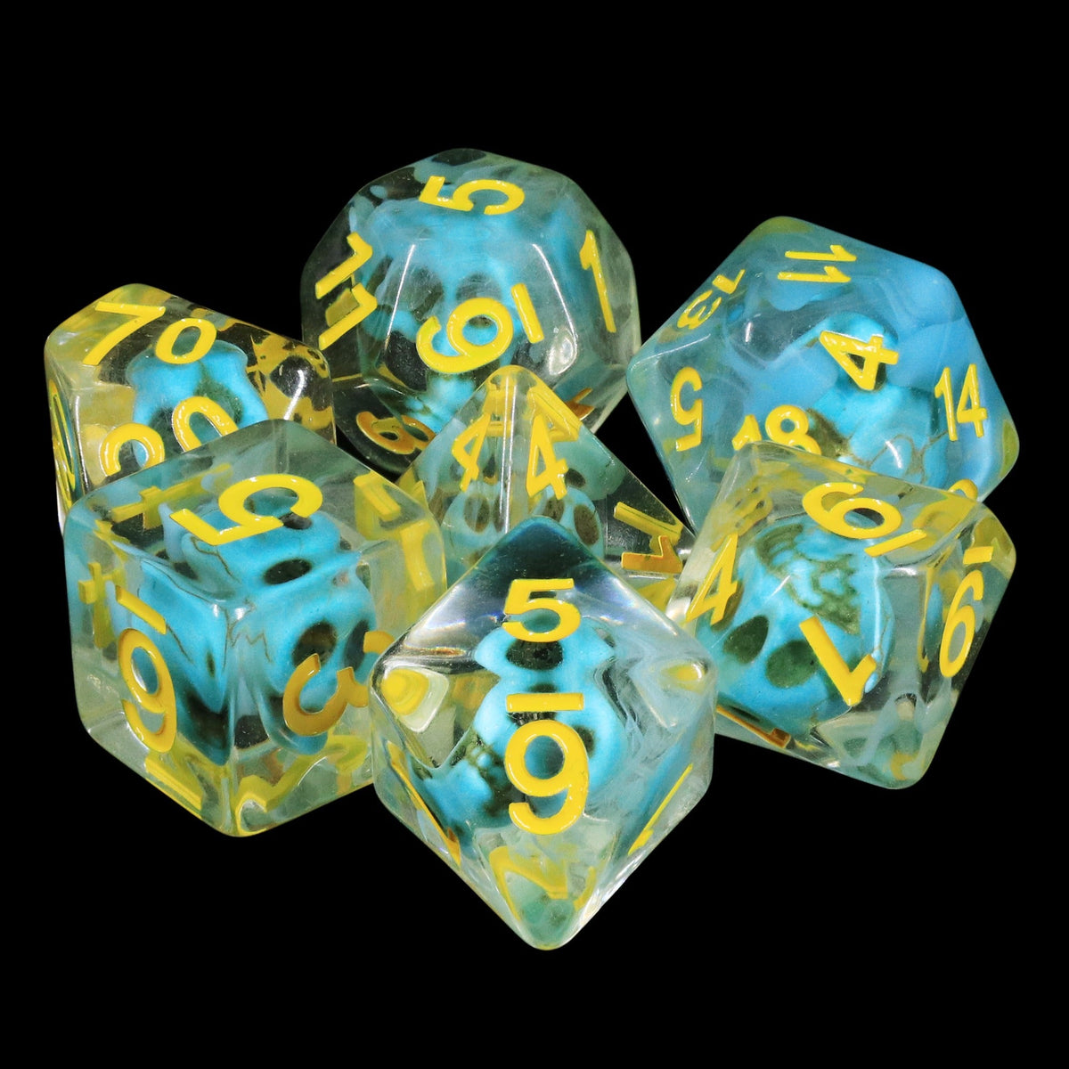 Turquoise Treasure Skull Dice Blue/Yellow Halloween Resin 7-Dice
