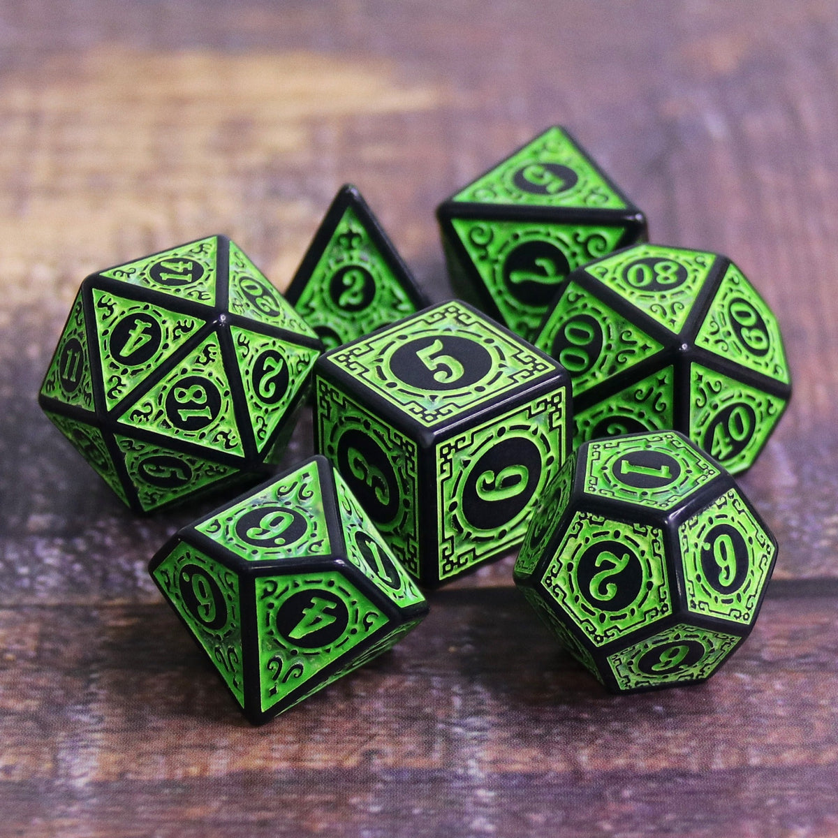 Green Magic Flame 7-Dice Set DND RPG Dice Black w/Color Fill