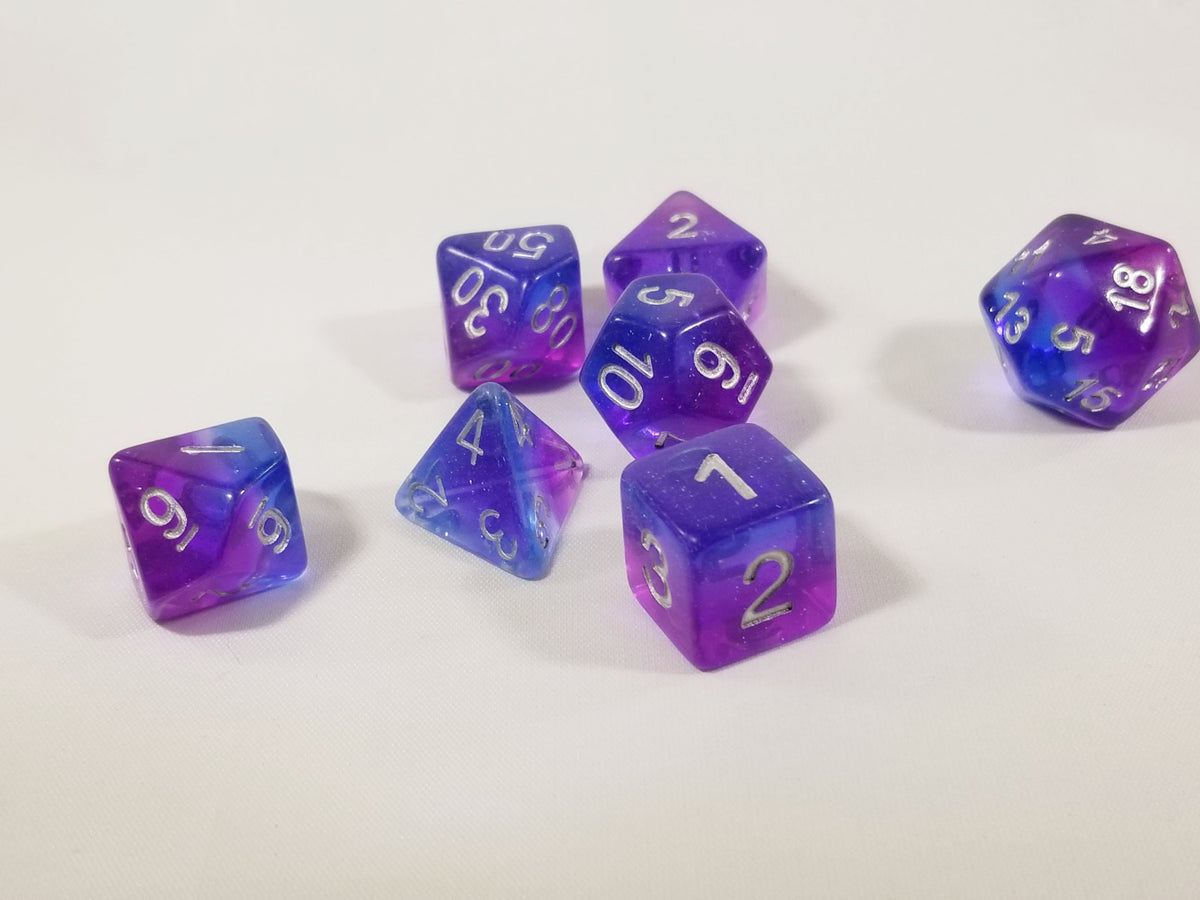 Purple & Blue Translucent Glitter Aurora Poly Dice Set (7) New Silver Numbers RPG DnD