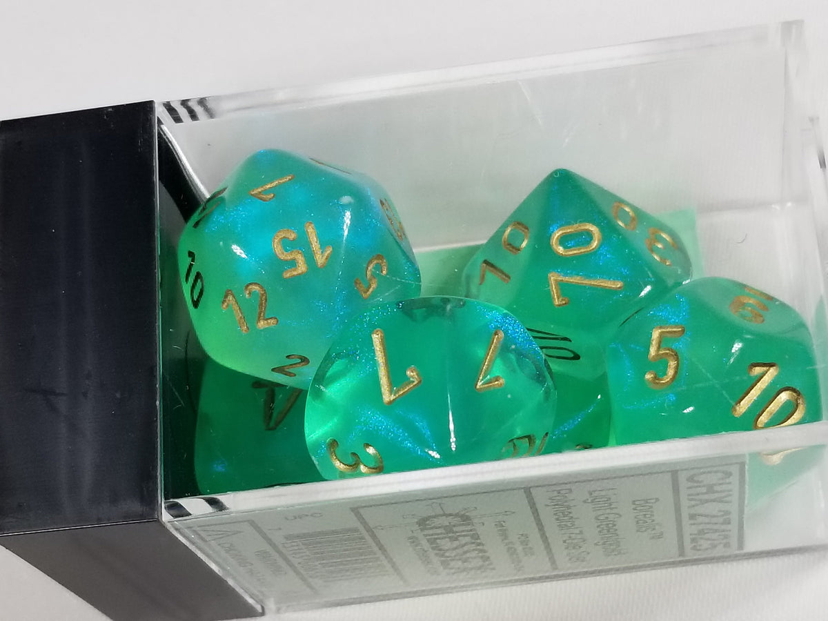 Chessex Borealis Light Green/Gold 7-Die Set –  Polyhedral Dice (OOP Non-Luminary, Rare)