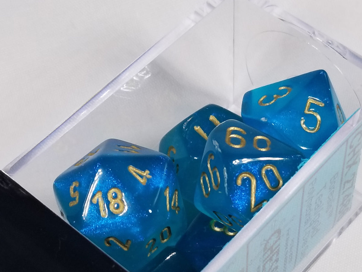 Polyhedral 7-Die Borealis Teal w/ Gold Numbers Chessex | OOP New Glitter
