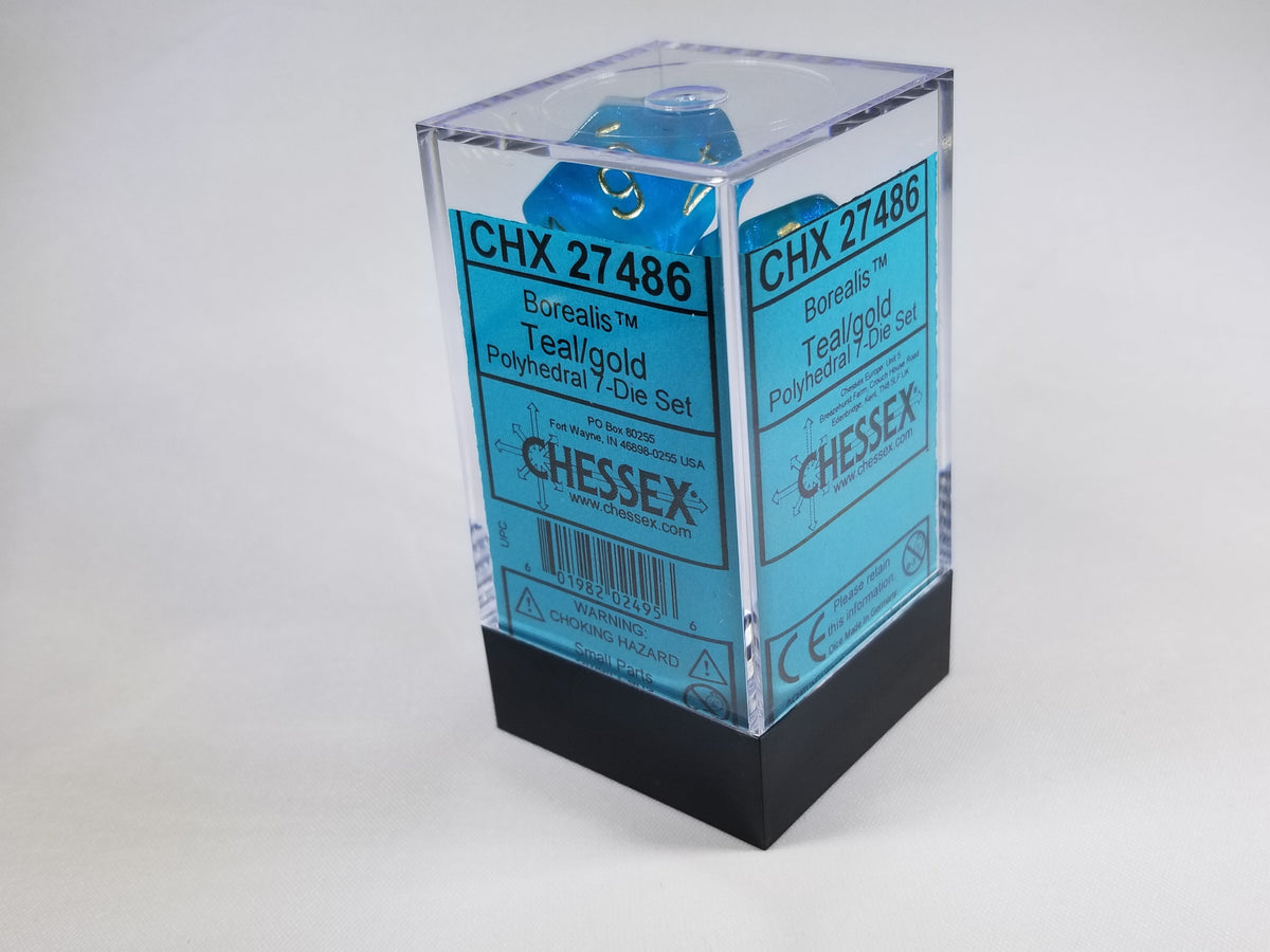 Polyhedral 7-Die Borealis Teal w/ Gold Numbers Chessex | OOP New Glitter