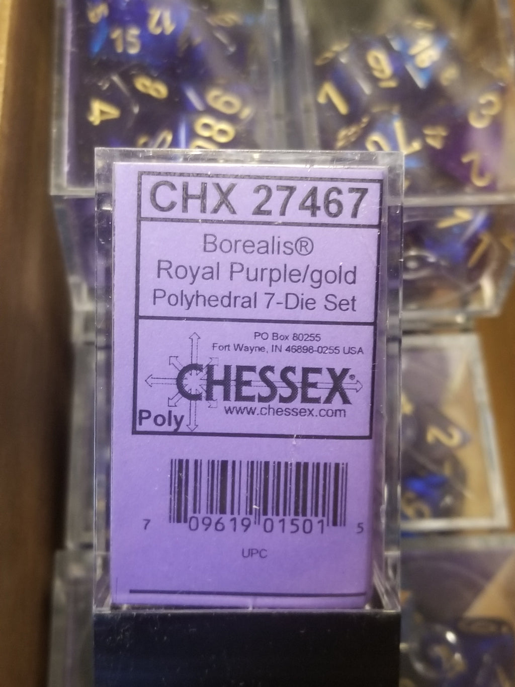 Borealis Royal Purple w/ Gold Numbers Set 7-Dice Chessex | New Glitter, Non-luminary OOP