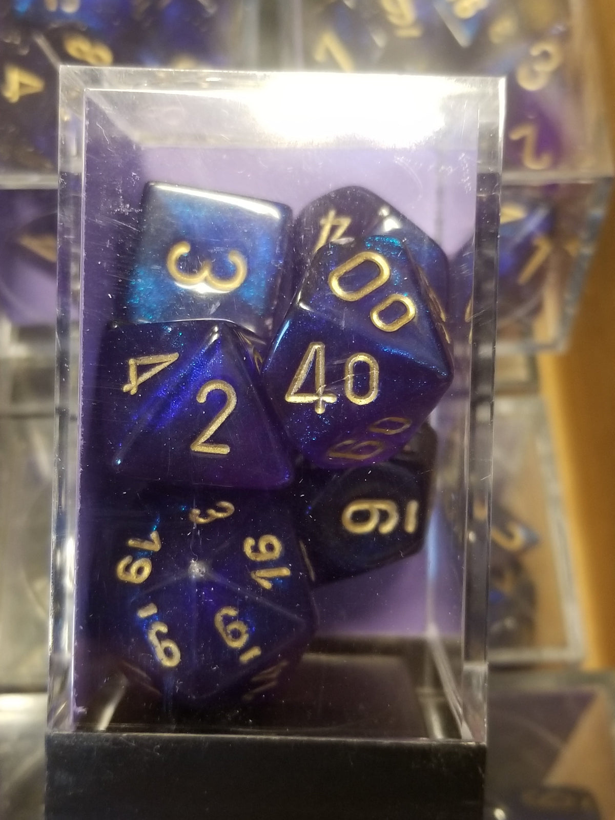 Borealis Royal Purple w/ Gold Numbers Set 7-Dice Chessex | New Glitter, Non-luminary OOP