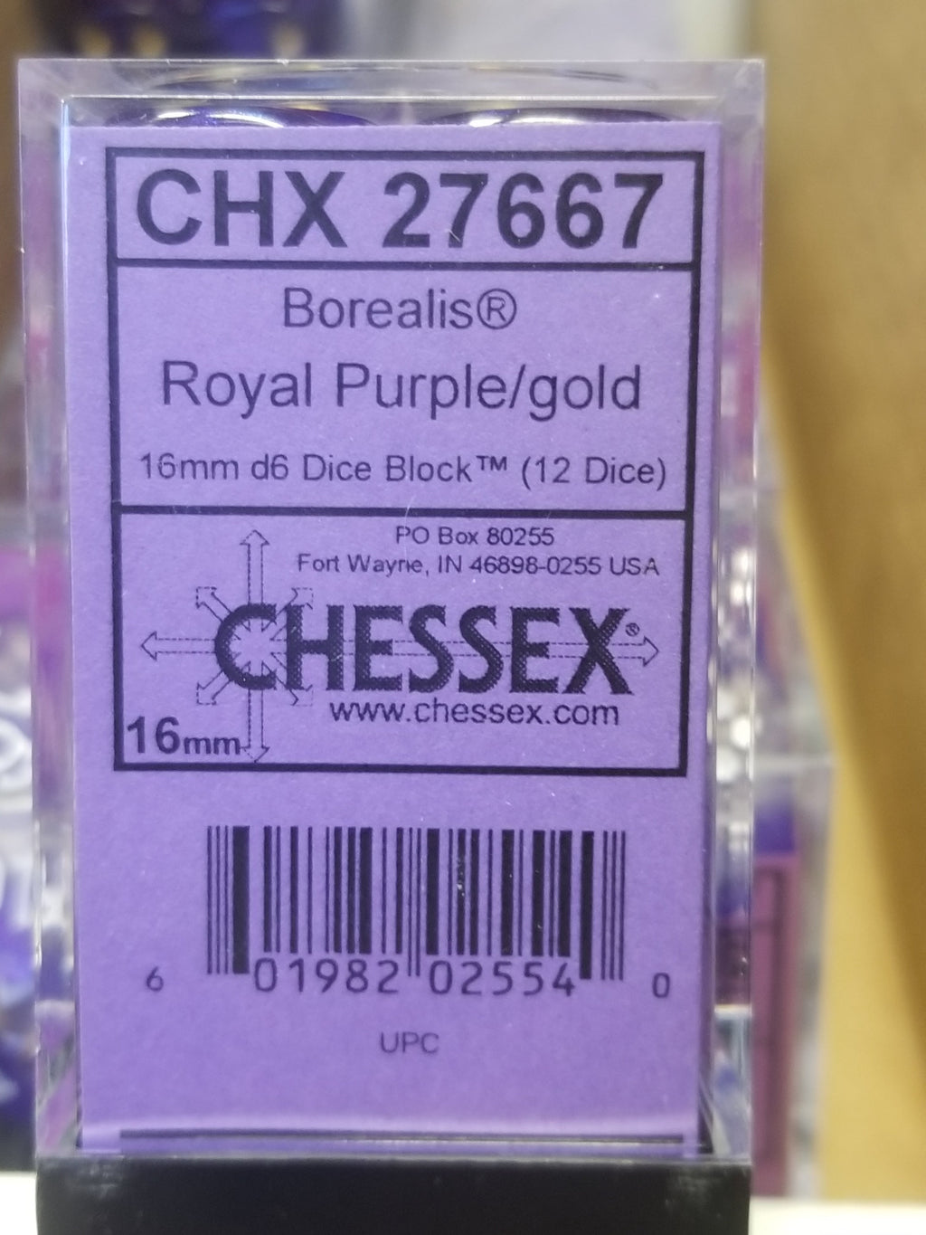 CHX 27667 16mm Block Borealis Royal Purple w/ Gold Numbers Dice Set Chessex