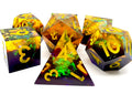 Starry Sky Yellow w/ Purple Shimmer 7-Dice Set Resin Sharp Edge RPG DND