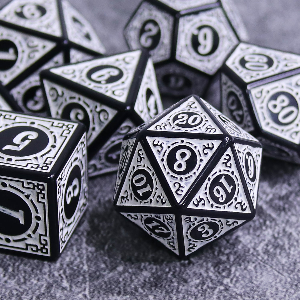 White Magic Flame 7-Dice Set DND RPG Dice Black w/Color Fill