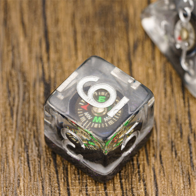 Compass Dice 7-Dice Set Clear w/ Moving Compass Inside Glitter Base Dnd