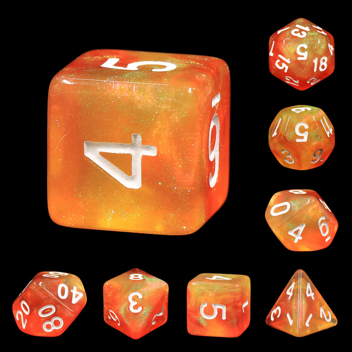 Walking the Sun Orange/Yellow Glitter 7-Dice Set by HendgaDice