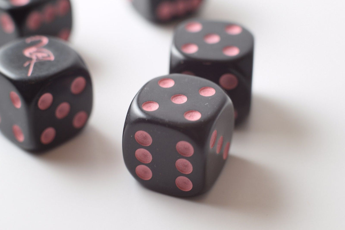 Black Dice with Pink Flamingo Dice 6 Sided Bunco RPG Game D6 16mm Roll (sold per piece)