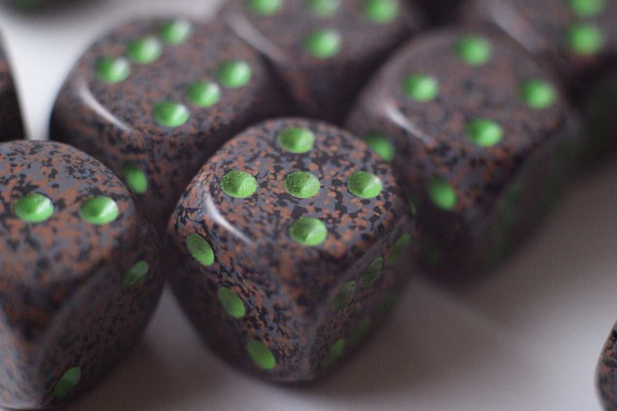 Earth Speckled 16mm D6 Pipped | Sold per Die (Green + Brown Dice)