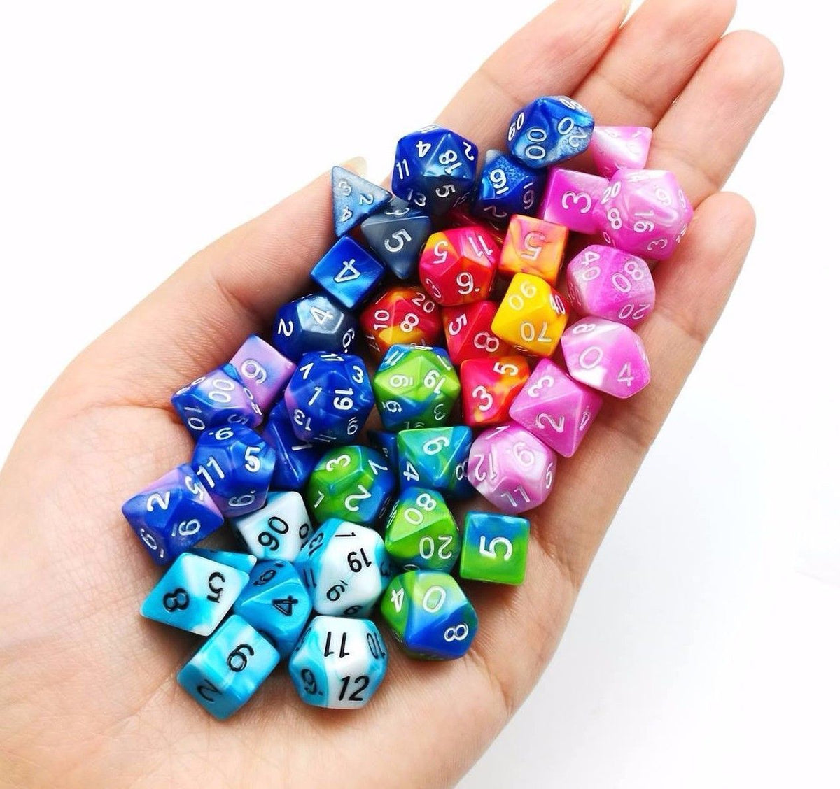 New Green Blue Miniature Poly Dice Set Blue White Small (7) RPG DnD Mini Cute