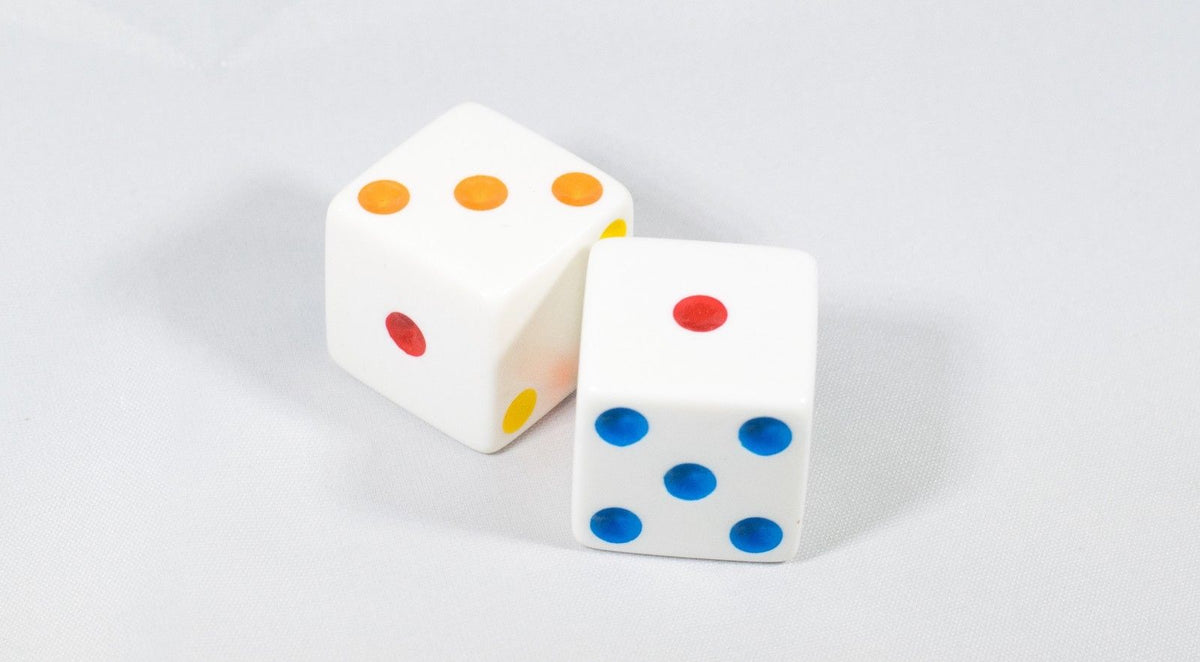 NEW 2 Jumbo 25mm 1 inch White Dice Pair RPG D6 Koplow Large Huge Rainbow Pips