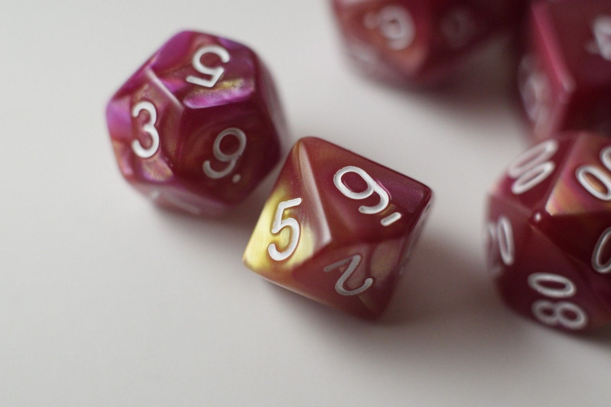 NEW Yellow and Rose Red Swirl Poly Dice Set (7) New RPG DnD w/ White Numbers