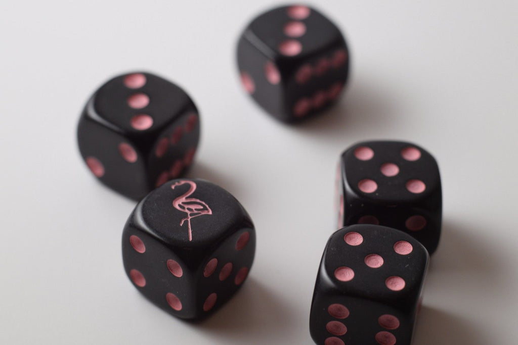 Black Dice with Pink Flamingo Dice 6 Sided Bunco RPG Game D6 16mm Roll (sold per piece)