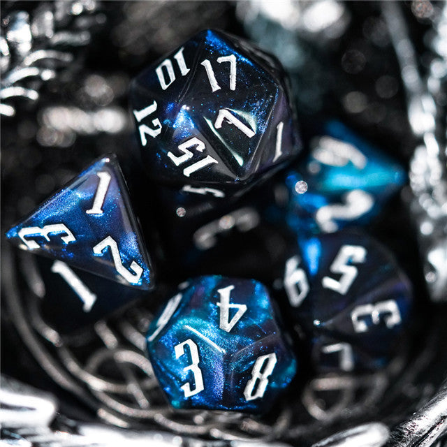 Glitter Party Black Glitter Dice (White font) 7-Dice Set
