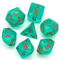 Blue/Teal Glitter Party Dice (Red/Orange font) 7-Dice Set RPG DND