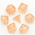 Peach Glitter Party Glitter Dice (White font) 7-Dice Set RPG DND