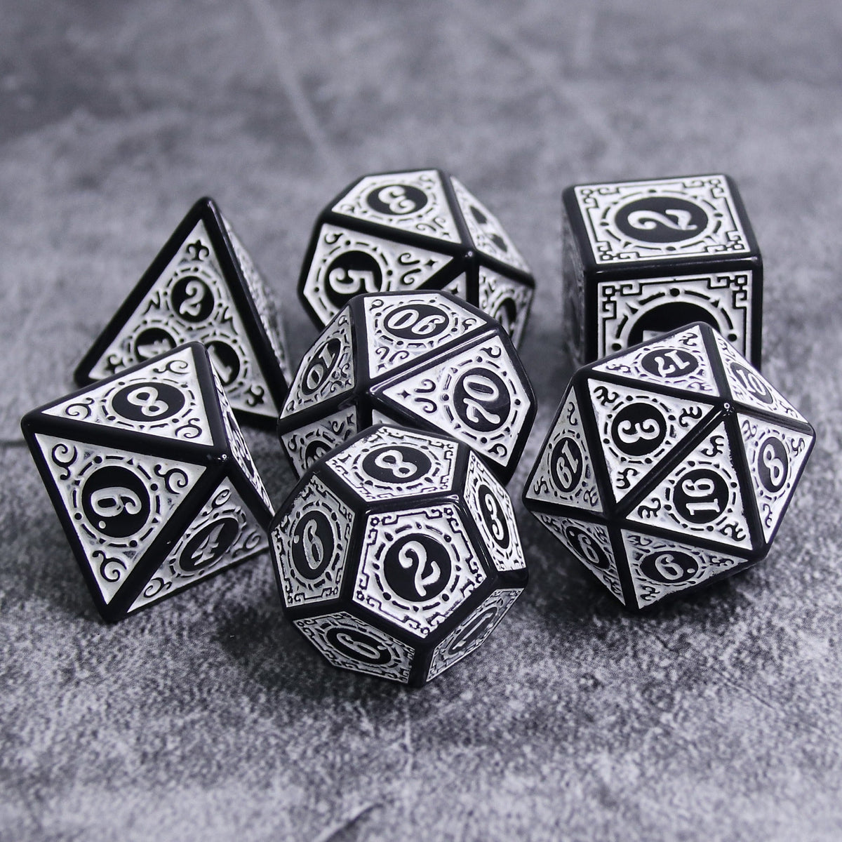 White Magic Flame 7-Dice Set DND RPG Dice Black w/Color Fill
