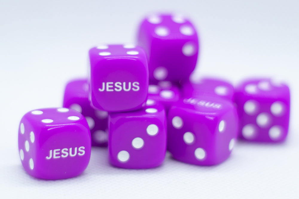 Purple 16mm d6 Dice Featuring 'JESUS' on the 6 side (sold per die)