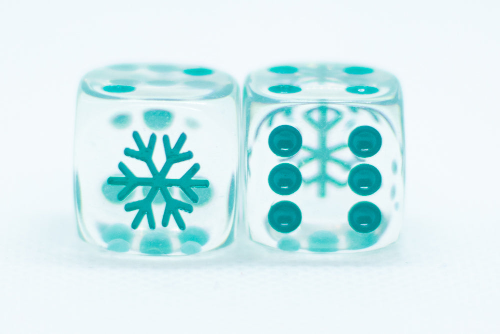 Clear w/Teal 16mm d6 Dice Featuring a Snowflake on the '1' side (sold per die)