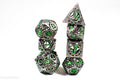 Gun Metal Hollow Gear Dice with Green Numbers 7-Dice Set