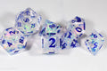 Ice Cubes Sharp Edge Resin 7-Dice Dice (Clear Shimmer w/ Blue Numbers)