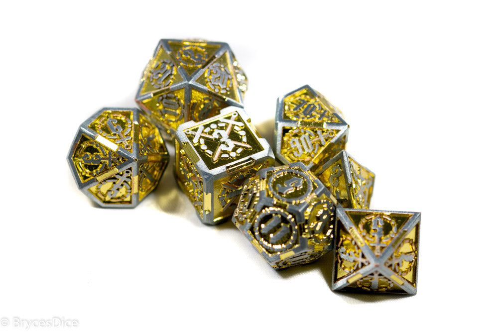 Silver w/Gold Inlay Sword Strengthened Metal 7-Dice Set
