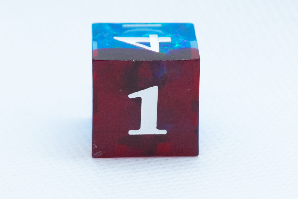 Blue on Red Sharp Edge Resin d6 / d20-Dice (Blue- Red w/ White Numbers)