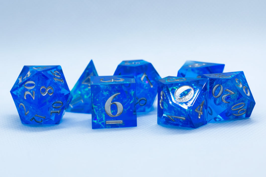 Water Sharp Resin 7-Dice RPG DND Set (w/Silver Numbers)