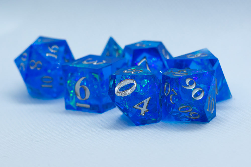 Water Sharp Resin 7-Dice RPG DND Set (w/Silver Numbers)