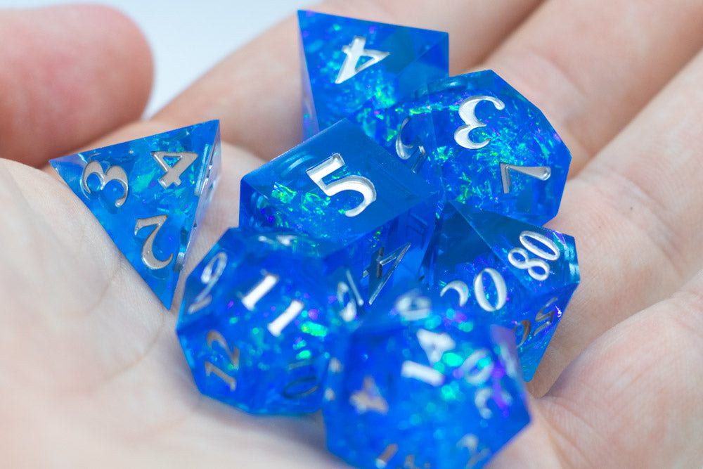 Water Sharp Resin 7-Dice RPG DND Set (w/Silver Numbers)