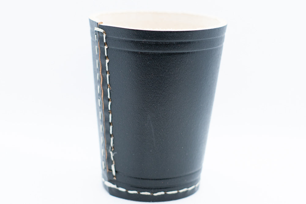 Handmade Leather Dice Cup (Black) No Lining white thread Simple