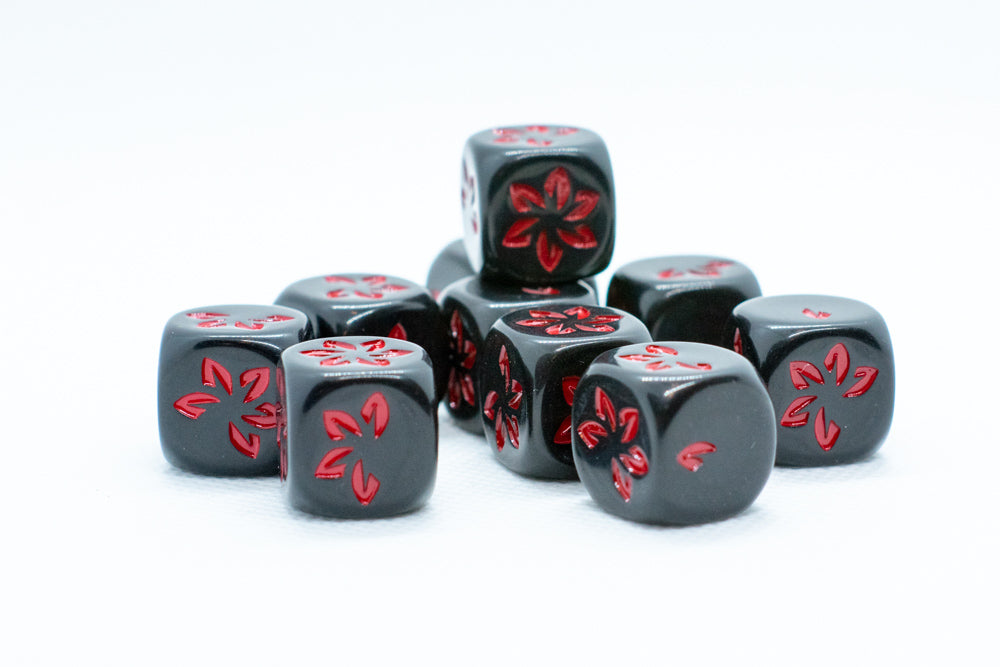 Black w/Red Falling Petals Dice 16mm D6 Flower Dice (sold per die)