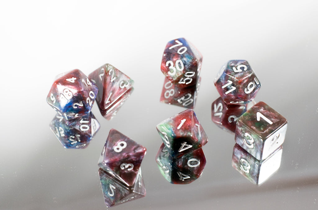 Red/Green/Blue Marbleized Poly Dice Set (7) Green Acrylic Silver Numbers HDdice