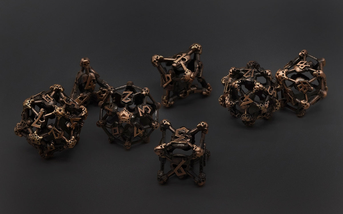 Copper Deadly Skull Dice Hollow Metal 7-Dice Set