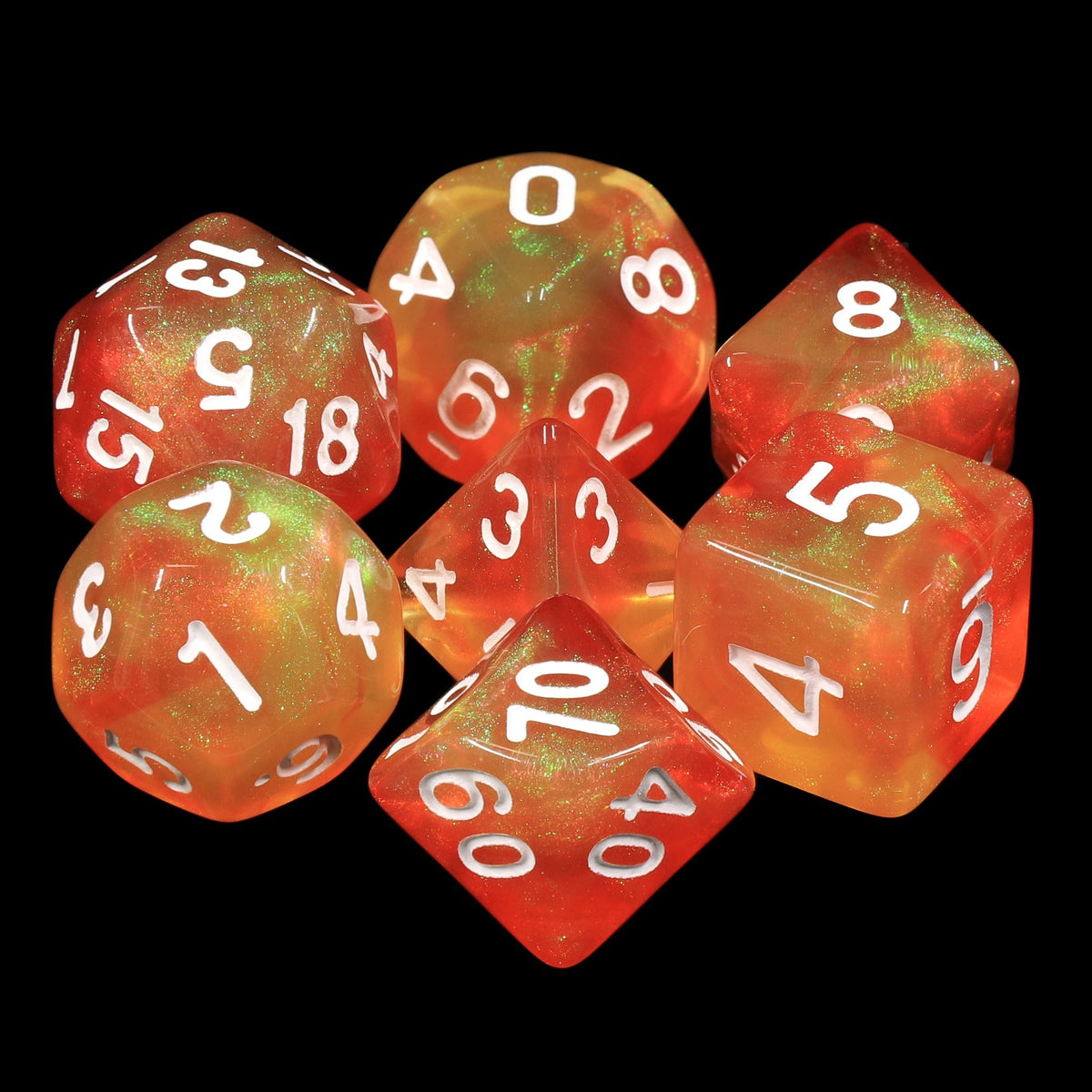 Walking the Sun Orange/Yellow Glitter 7-Dice Set by HendgaDice