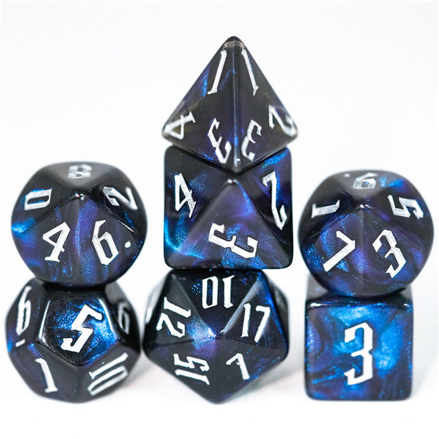 Glitter Party Black Glitter Dice (White font) 7-Dice Set
