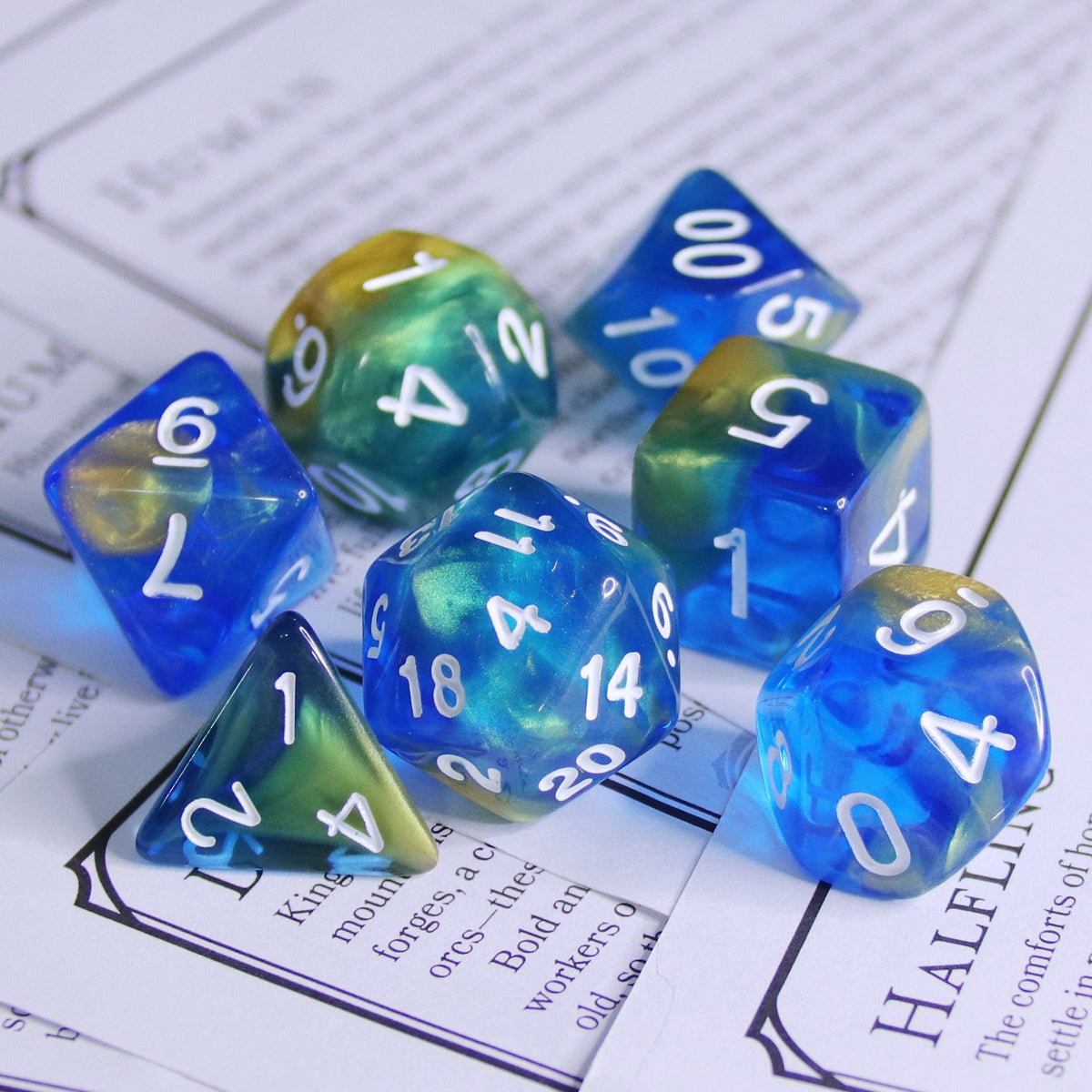 Starry Night Glitter Blue with White Numbering 7-Dice Set RPG