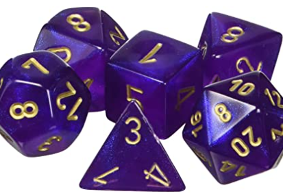 Borealis Royal Purple w/ Gold Numbers Set 7-Dice Chessex | New Glitter, Non-luminary OOP