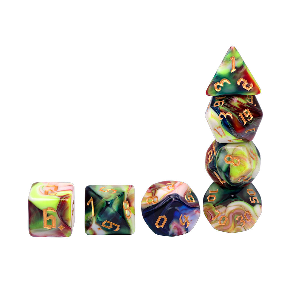 Secret Garden 7-Dice Set Blue/White/Green/Red  w/Gold Numbers Dnd Dice Set