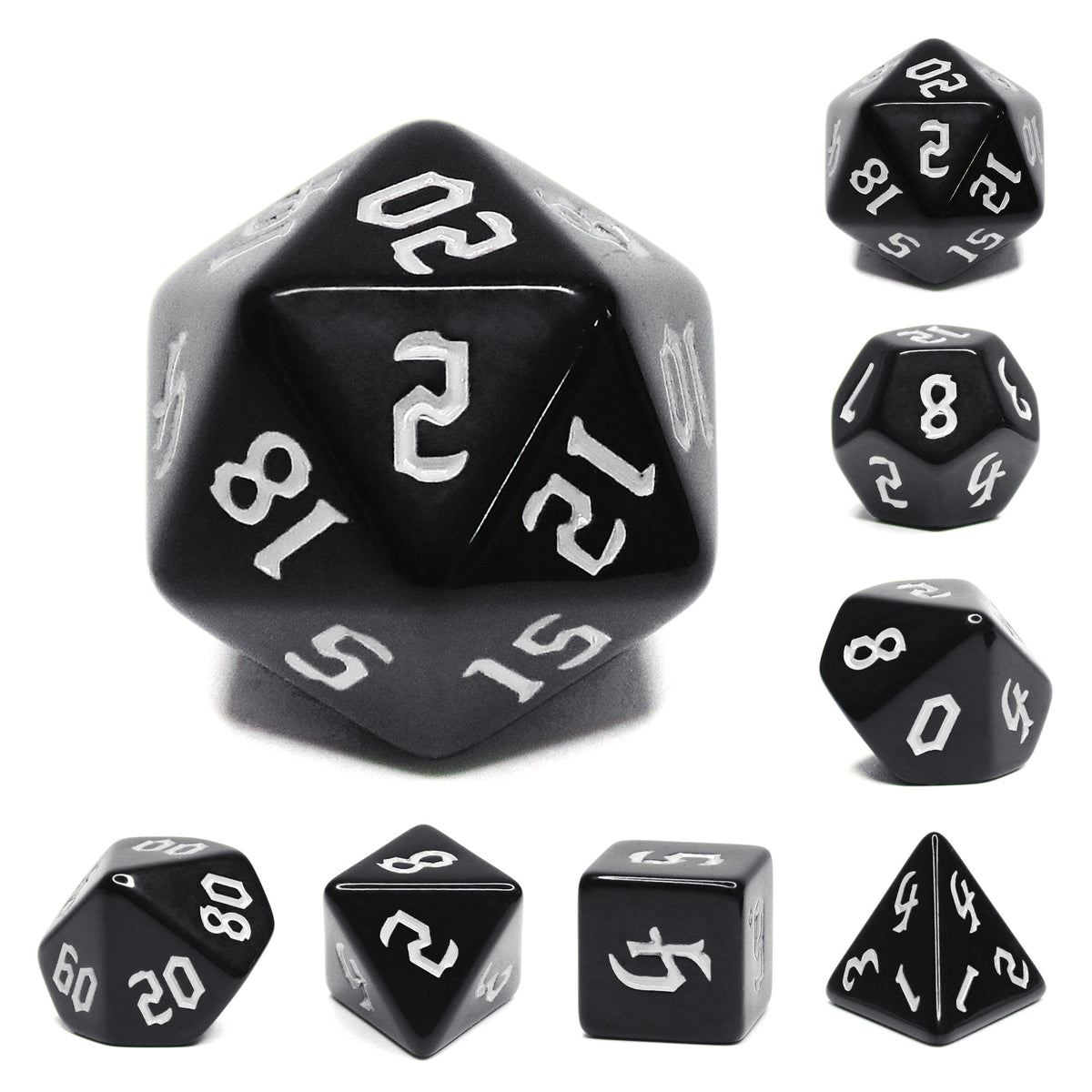 Economy Black Dice (White font) 7-Dice Set RPG DND