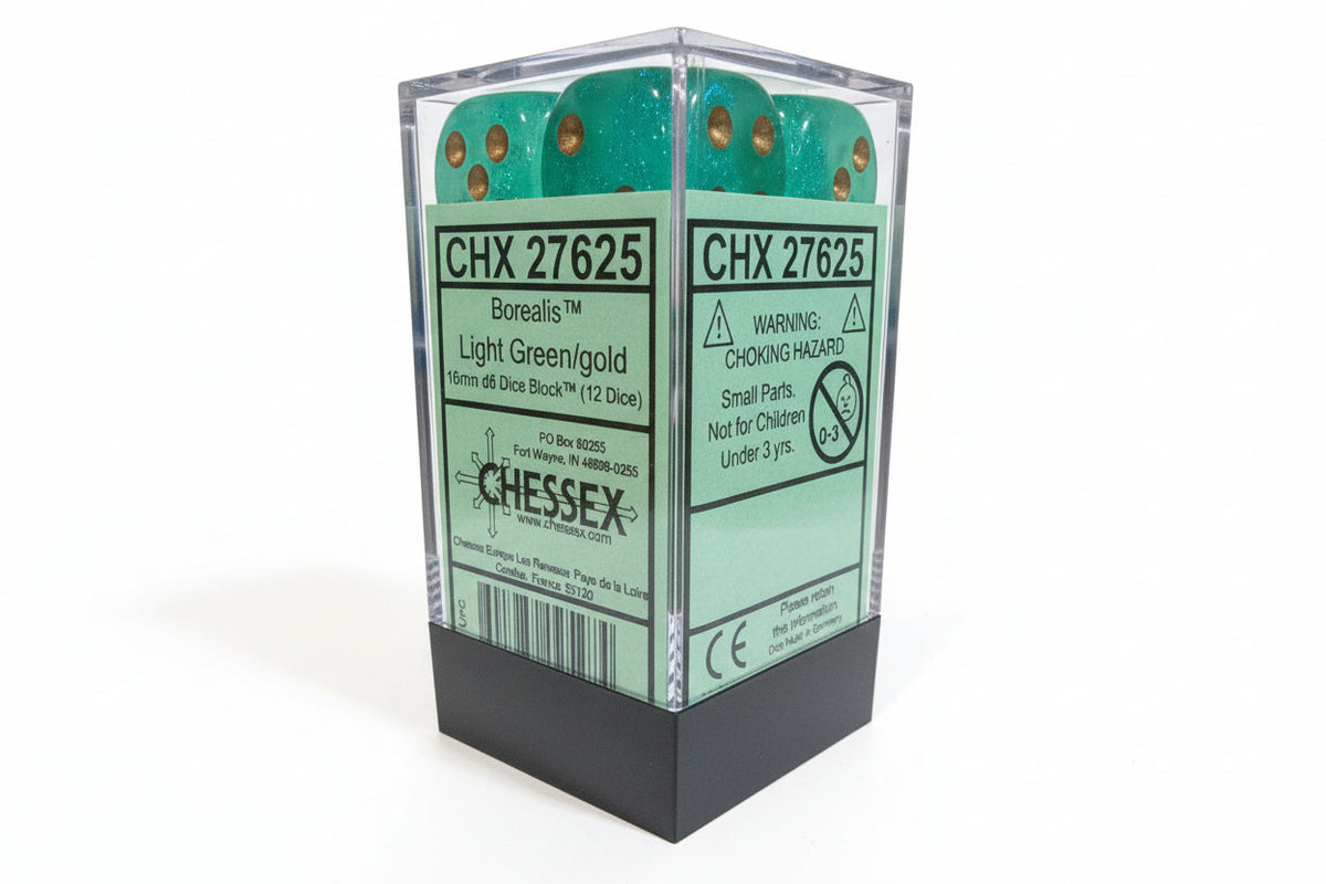 Chessex Borealis Light Green/Gold 16mm d6 Dice – Block of 12 | OOP New Glitter (Non-Luminary, Rare)