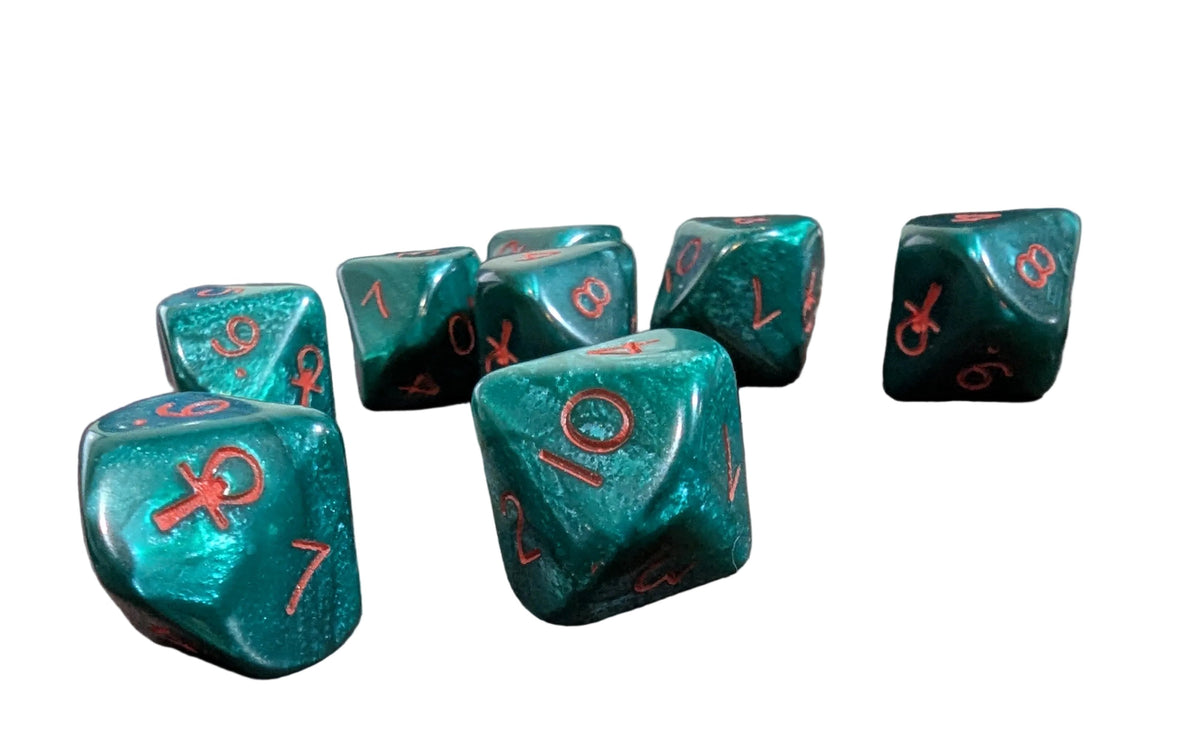 earl Green w/Red Ankh D10 Dice Numbered 2-10 w/Ankh on one side (sold per piece)